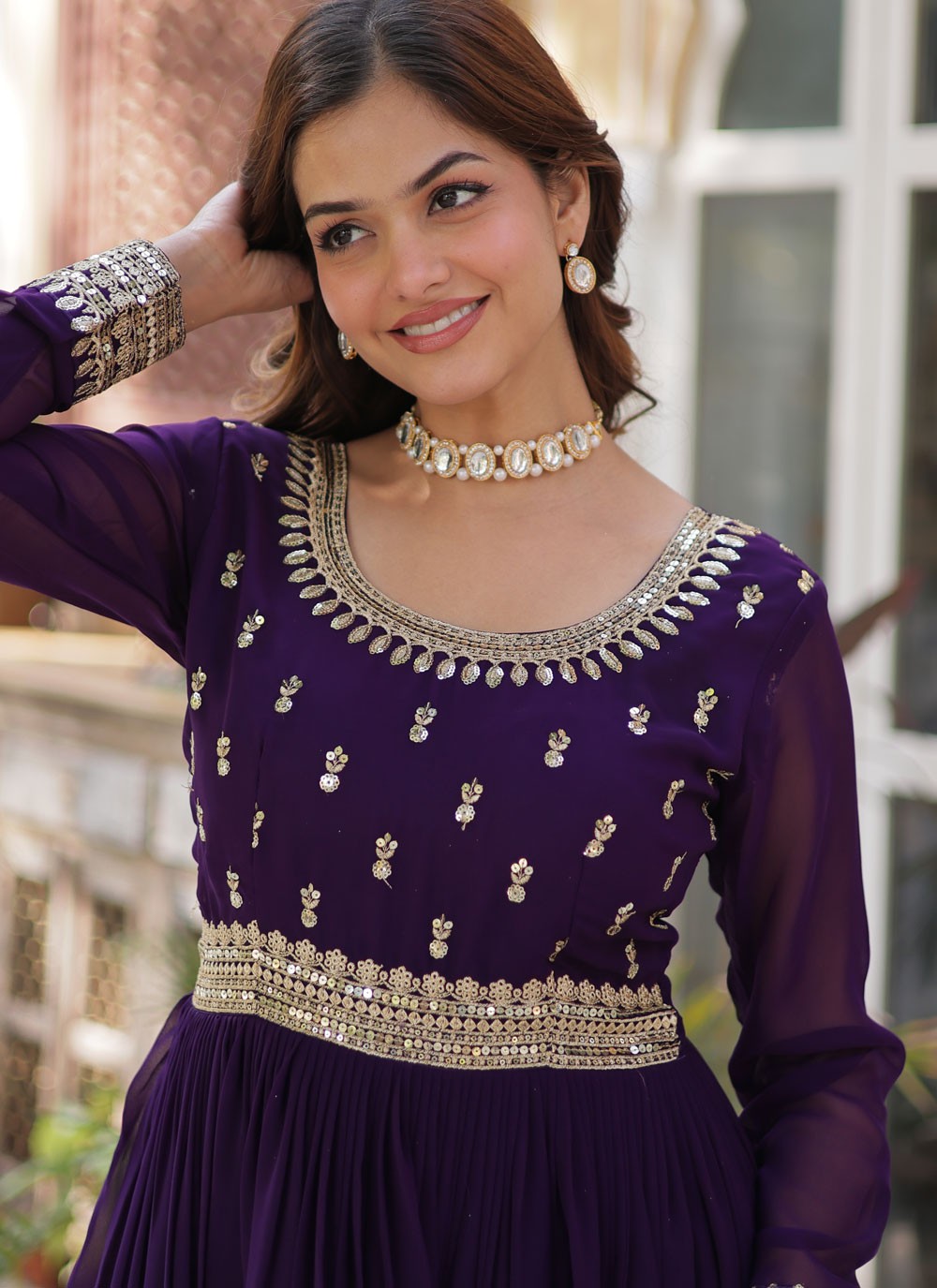Embroidered Faux Georgette Purple Gown G19805