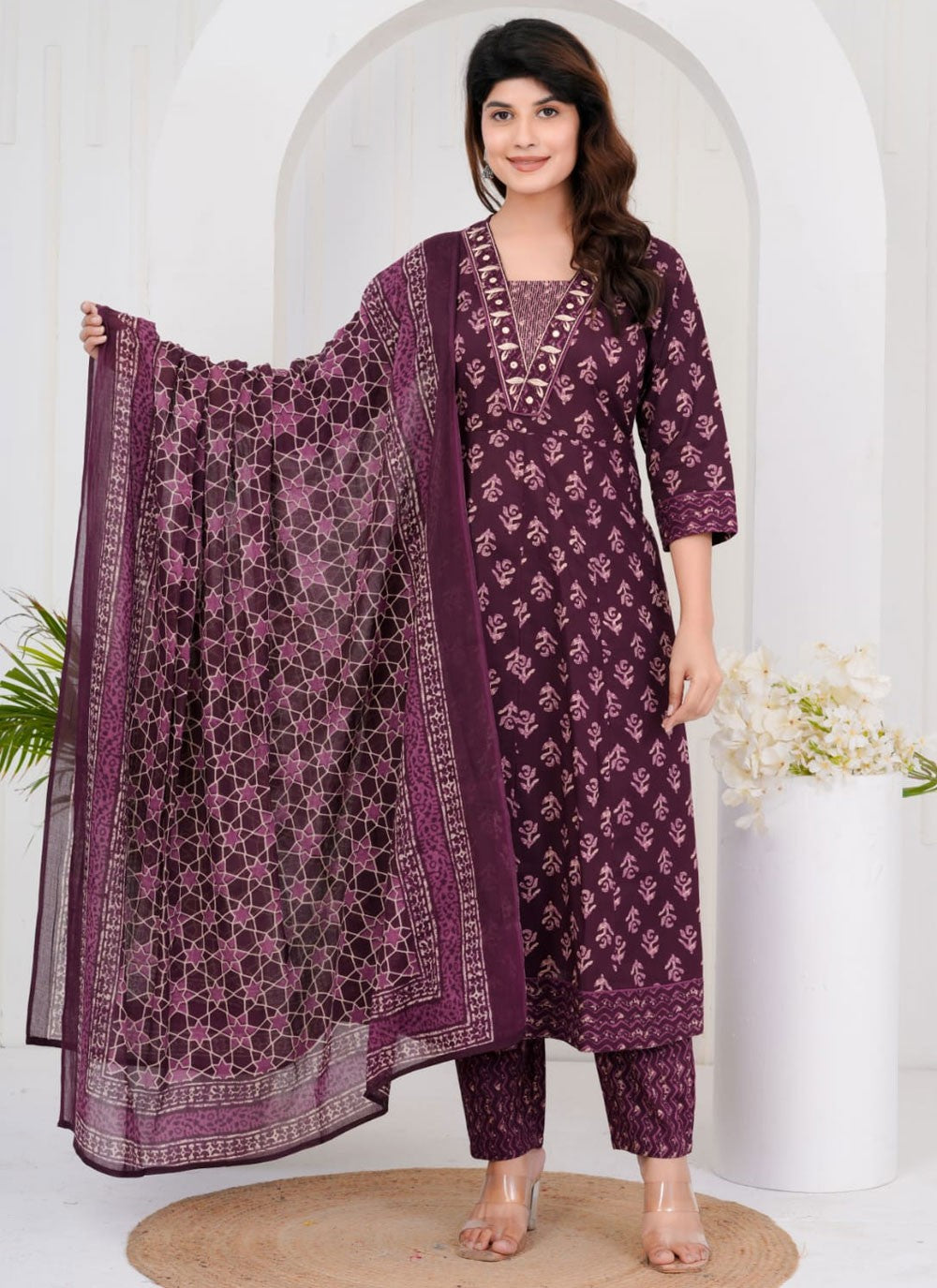 Pant Style Suit Floral Printed Purple Cotton T5679