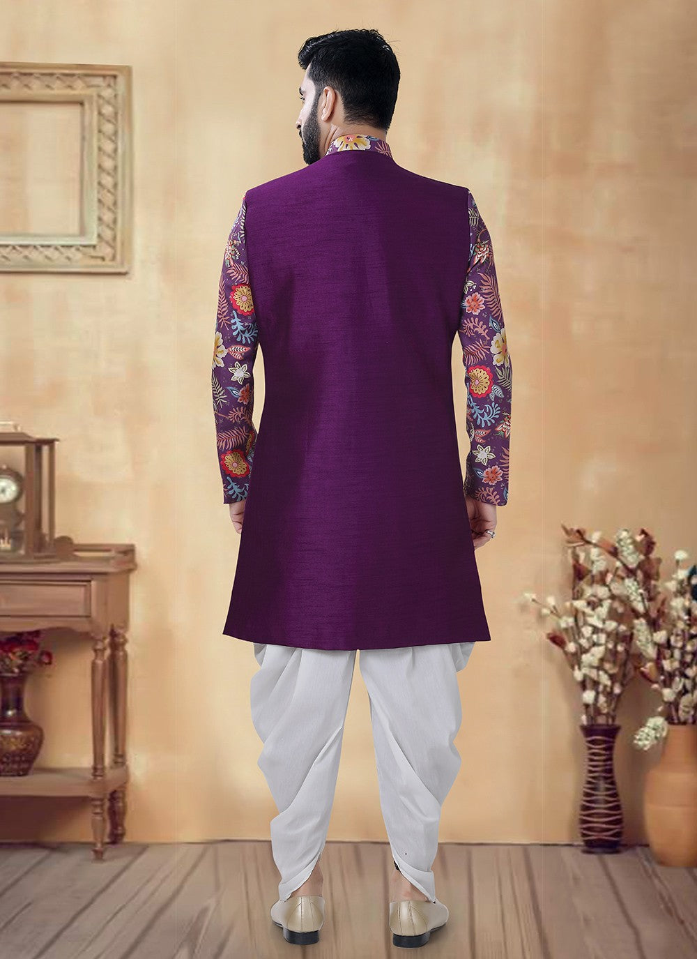 Foliage Prints Silk Purple Sherwani - M8523