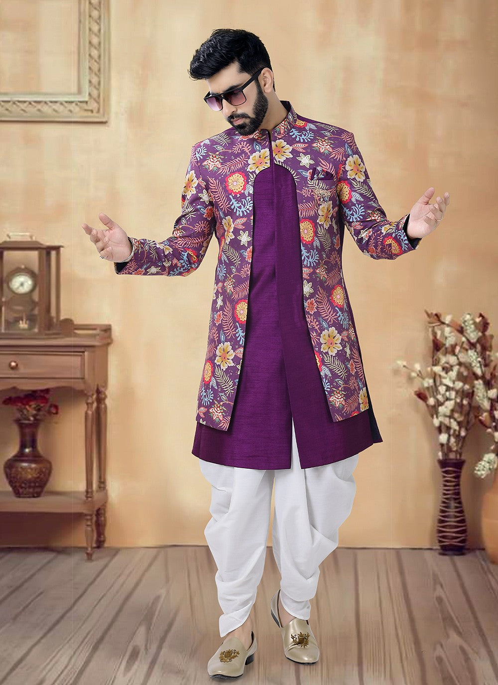 Foliage Prints Silk Purple Sherwani - M8523