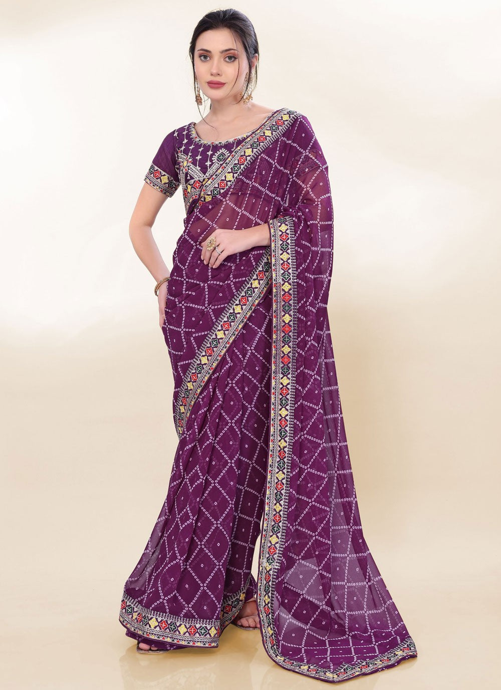 Border Work Georgette Purple Saree S13820