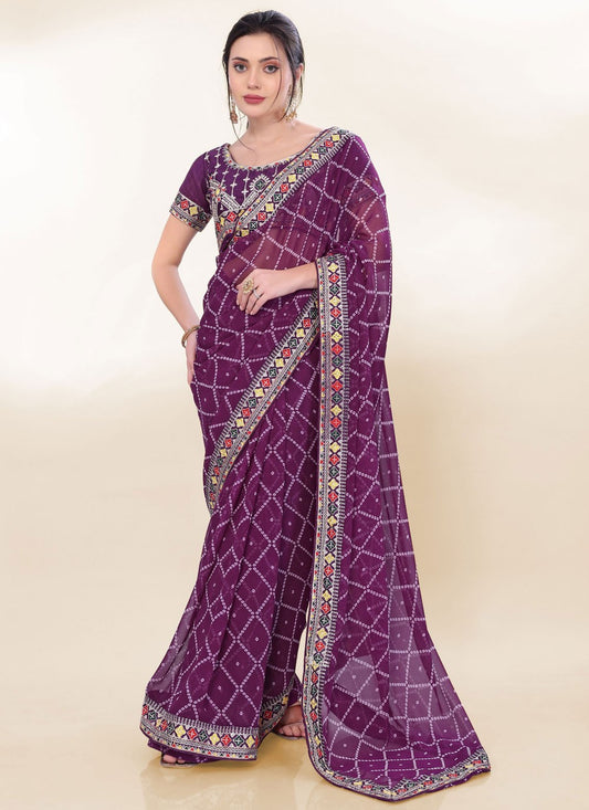 Border Work Georgette Purple Saree S14056