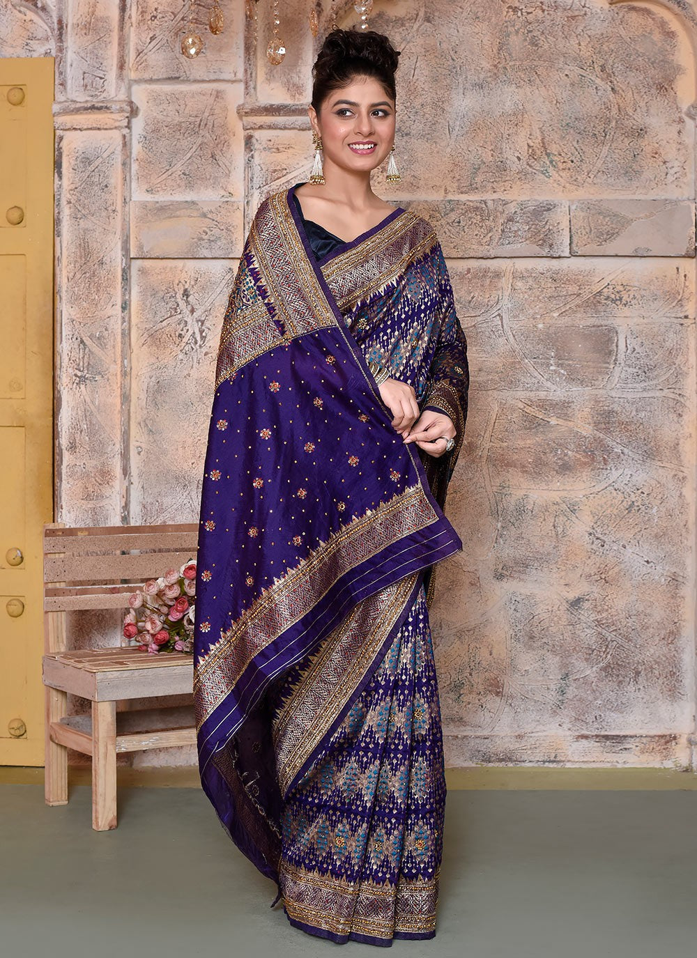 Hand Embroidery Kanjivaram Silk Purple Saree S14365