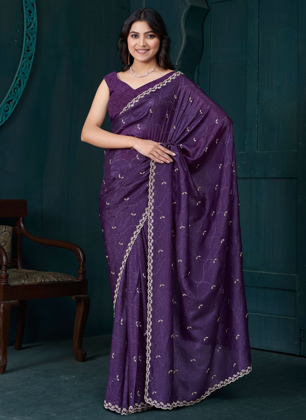 Diamond Crepe Silk Purple Classic Saree S15083