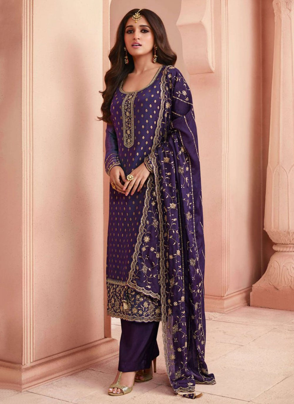 Embroidered Jacquard Silk Pant Style Suit - T4596