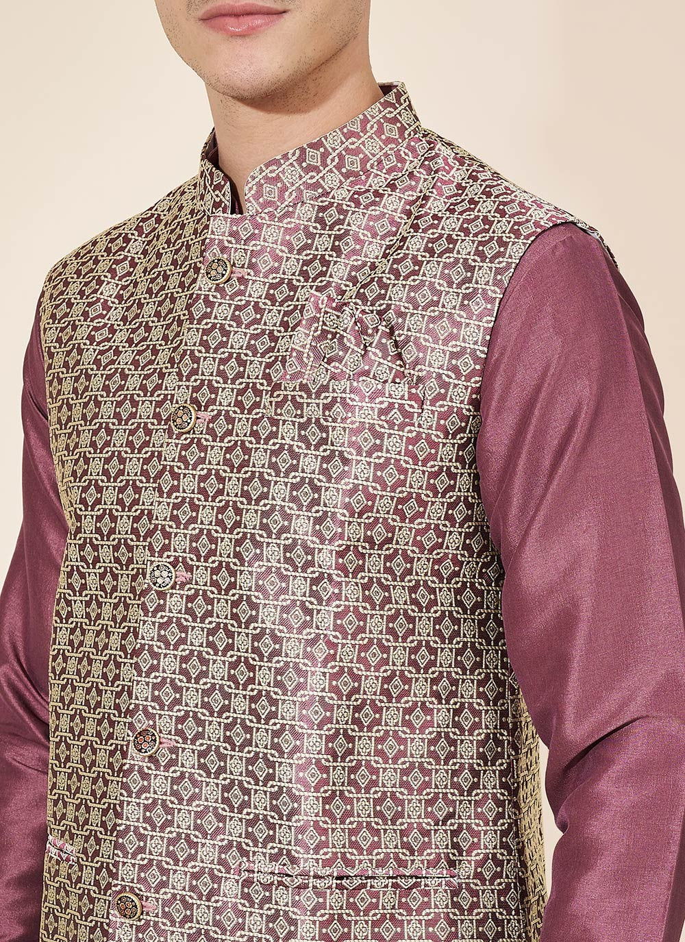 Jacquard Work Pure Silk Purple Kurta Payjama With Jacket - M8026