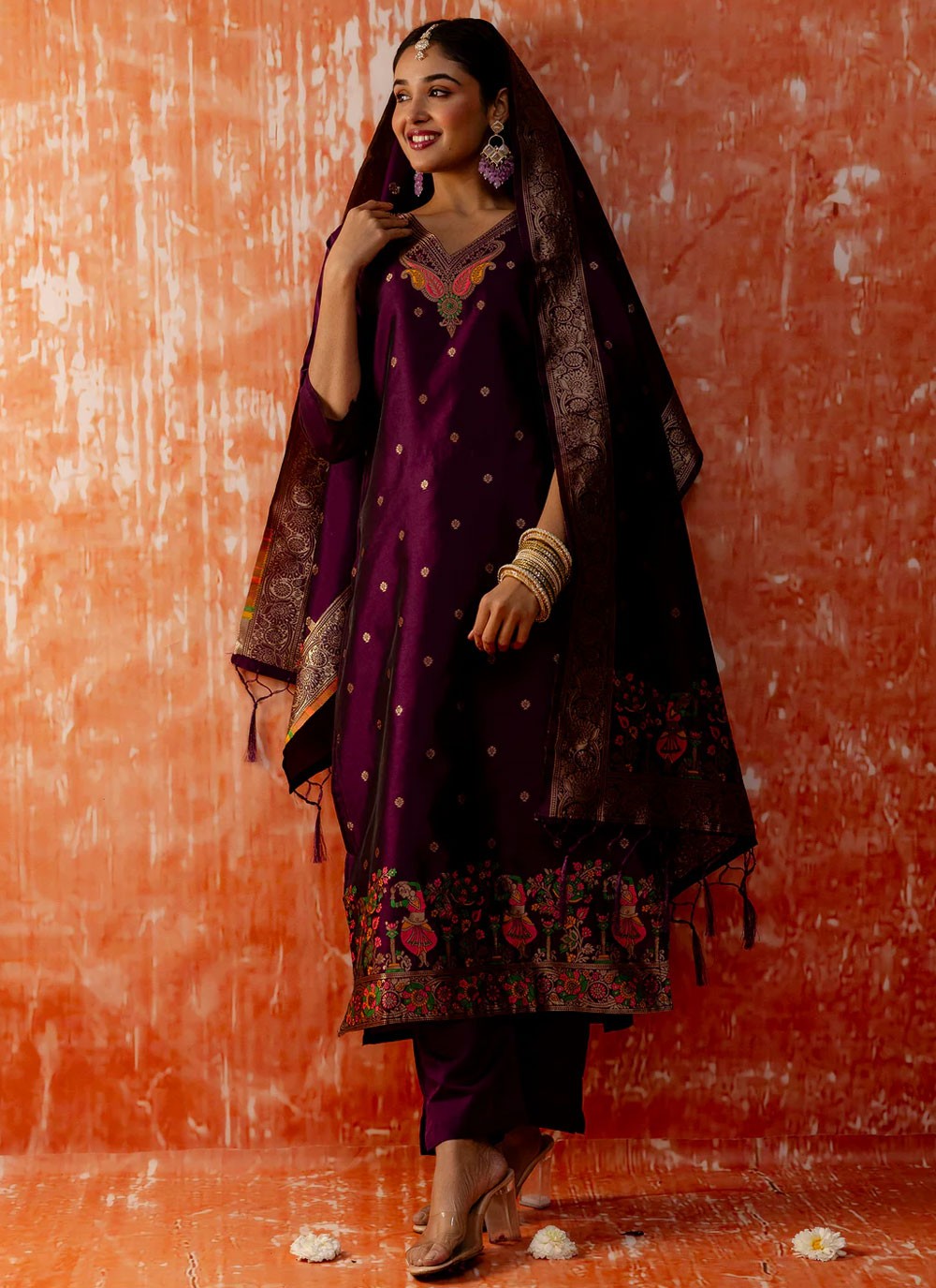 Jacquard Work Cotton Silk Purple Salwar Suit T6150