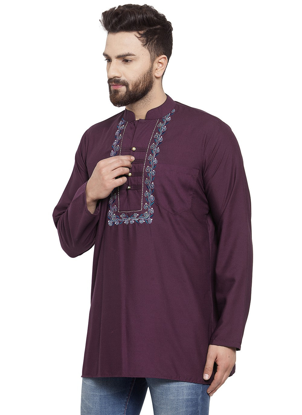 Machine Embroidery Blended Cotton Purple Short Kurta - M5725