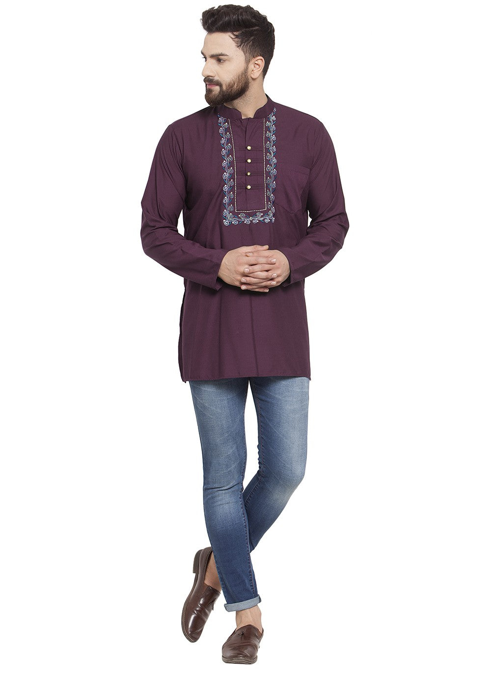 Machine Embroidery Blended Cotton Purple Short Kurta - M5725