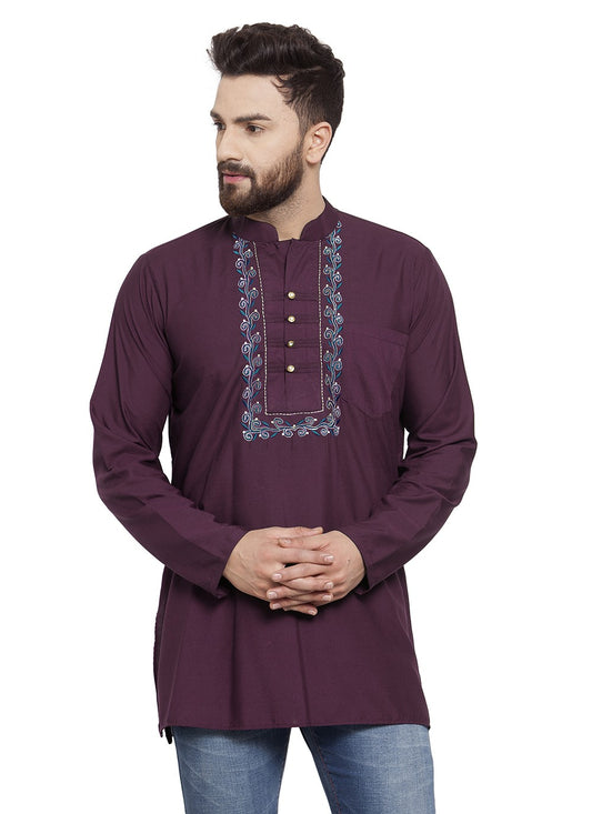 Machine Embroidery Blended Cotton Purple Short Kurta - M5725