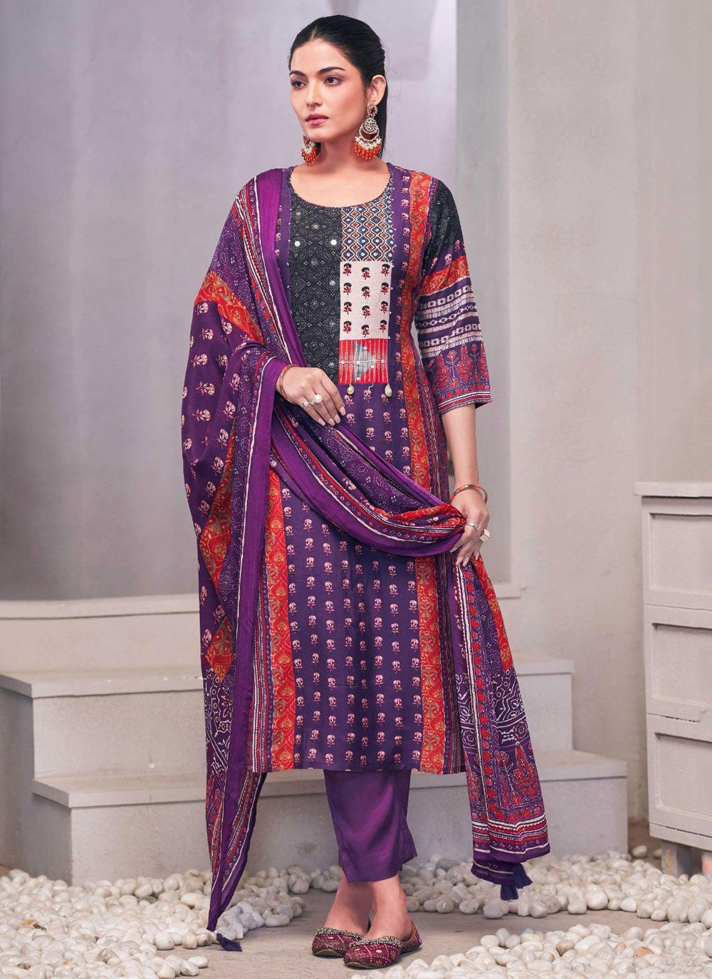 Salwar Suit Embroidered Purple Muslin T5153