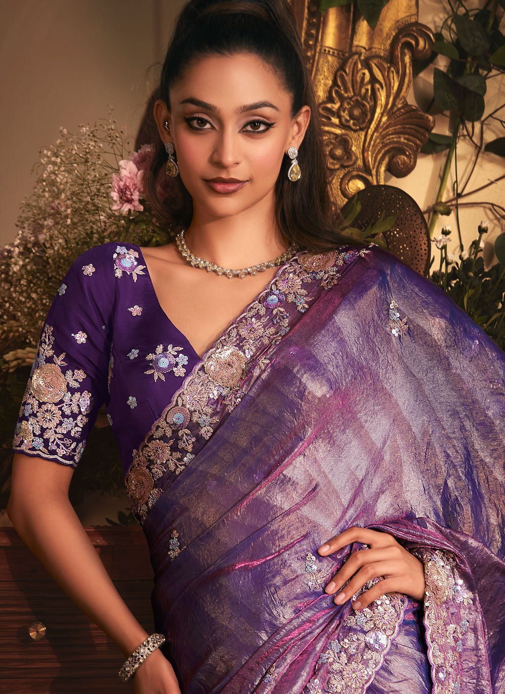 Purple Organza Traditional Saree Border Work, Cut Work, Embroidered, Sequins, Zari S19411