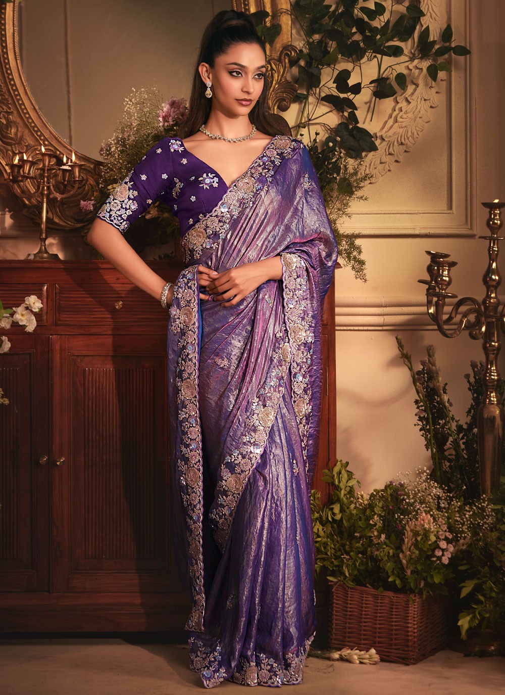 Purple Organza Traditional Saree Border Work, Cut Work, Embroidered, Sequins, Zari S19411