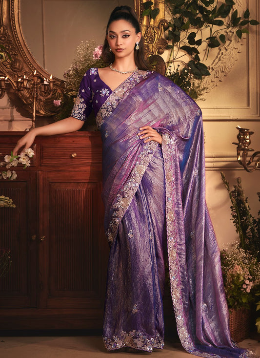 Purple Organza Traditional Saree Border Work, Cut Work, Embroidered, Sequins, Zari S19411