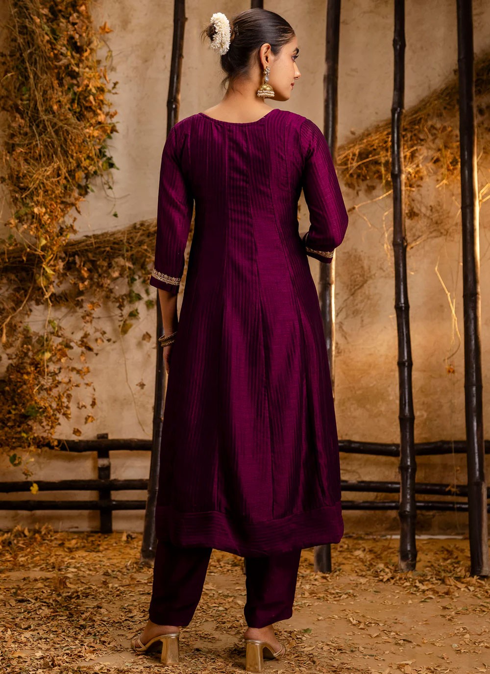 Embroidered Silk Blend Purple Pant Style Suit T6126