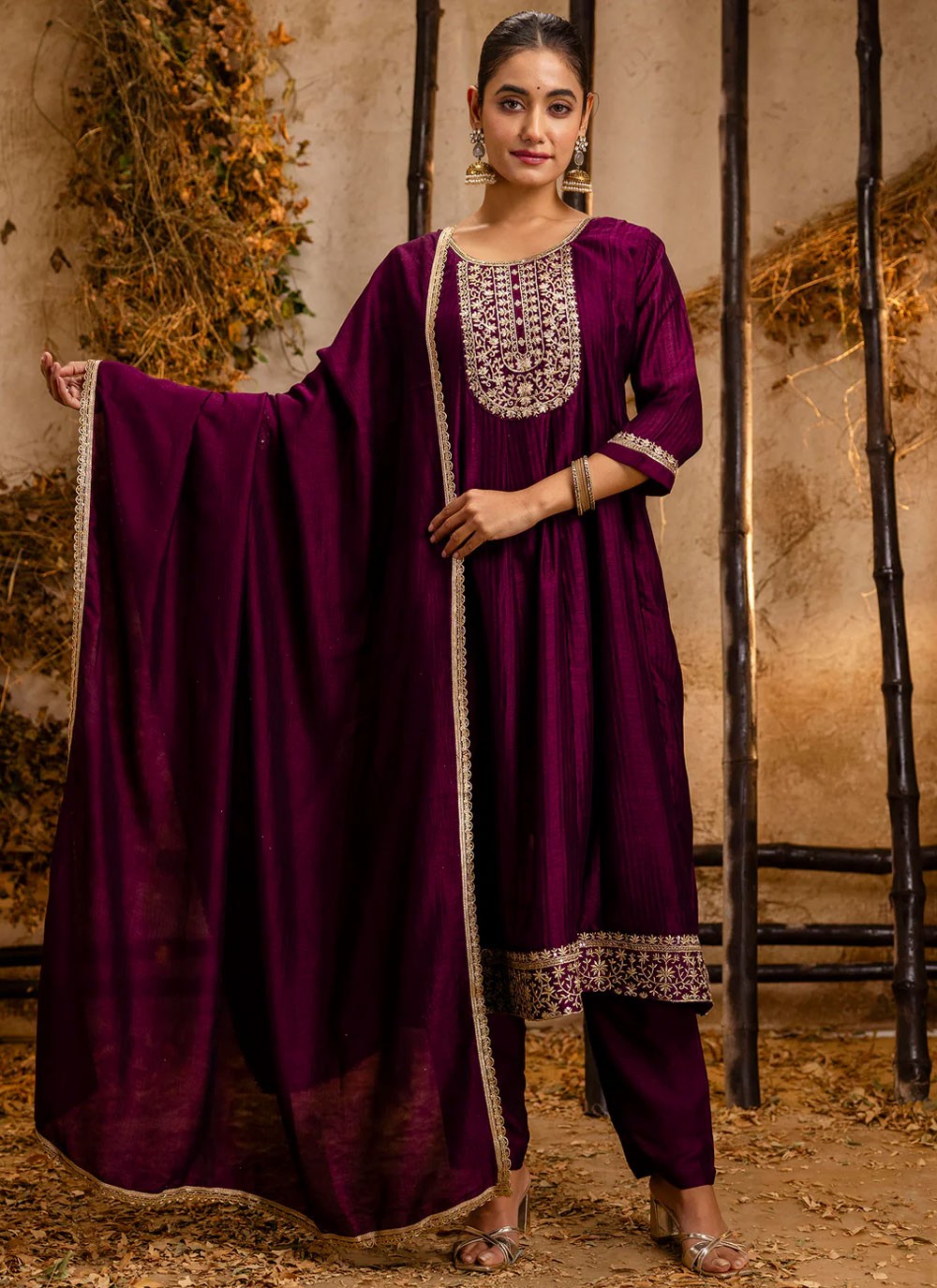 Embroidered Silk Blend Purple Pant Style Suit T6126
