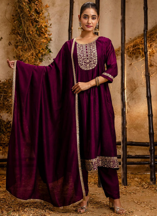 Embroidered Silk Blend Purple Pant Style Suit T6126