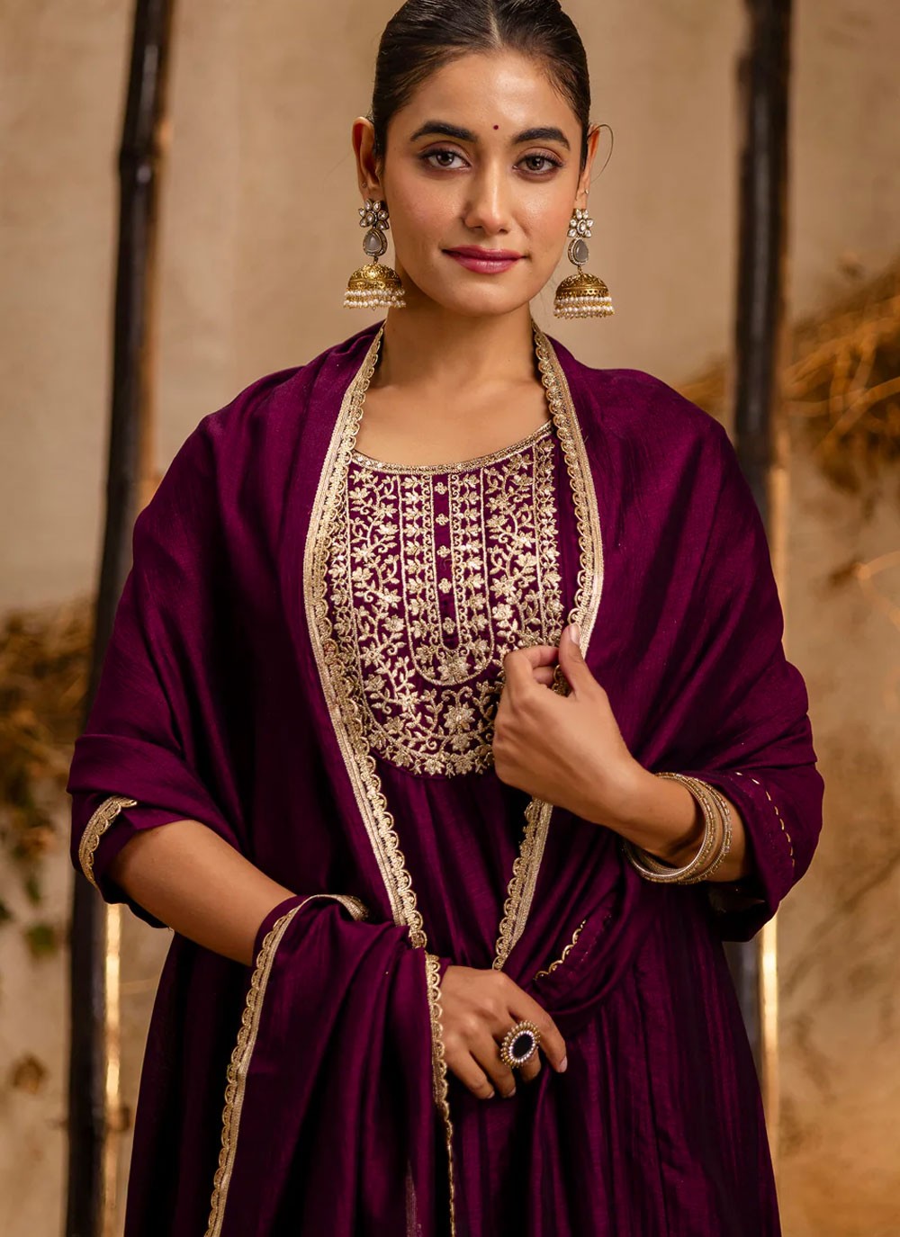 Embroidered Silk Blend Purple Pant Style Suit T6126