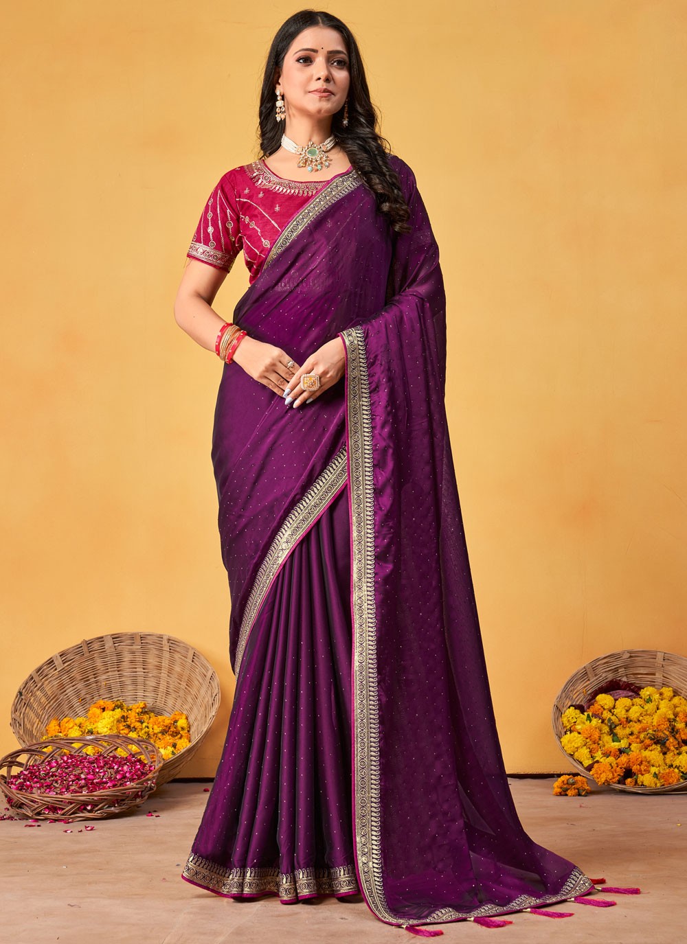 Classic Saree Border Work Purple Rangoli Saree S12685