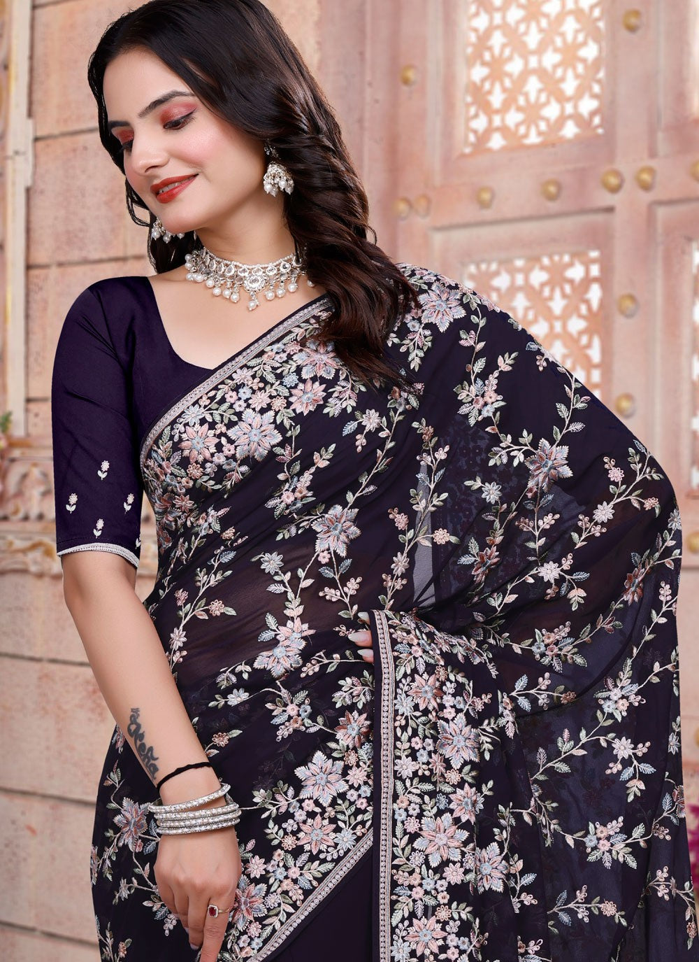 Embroidered Georgette Purple Saree S14833