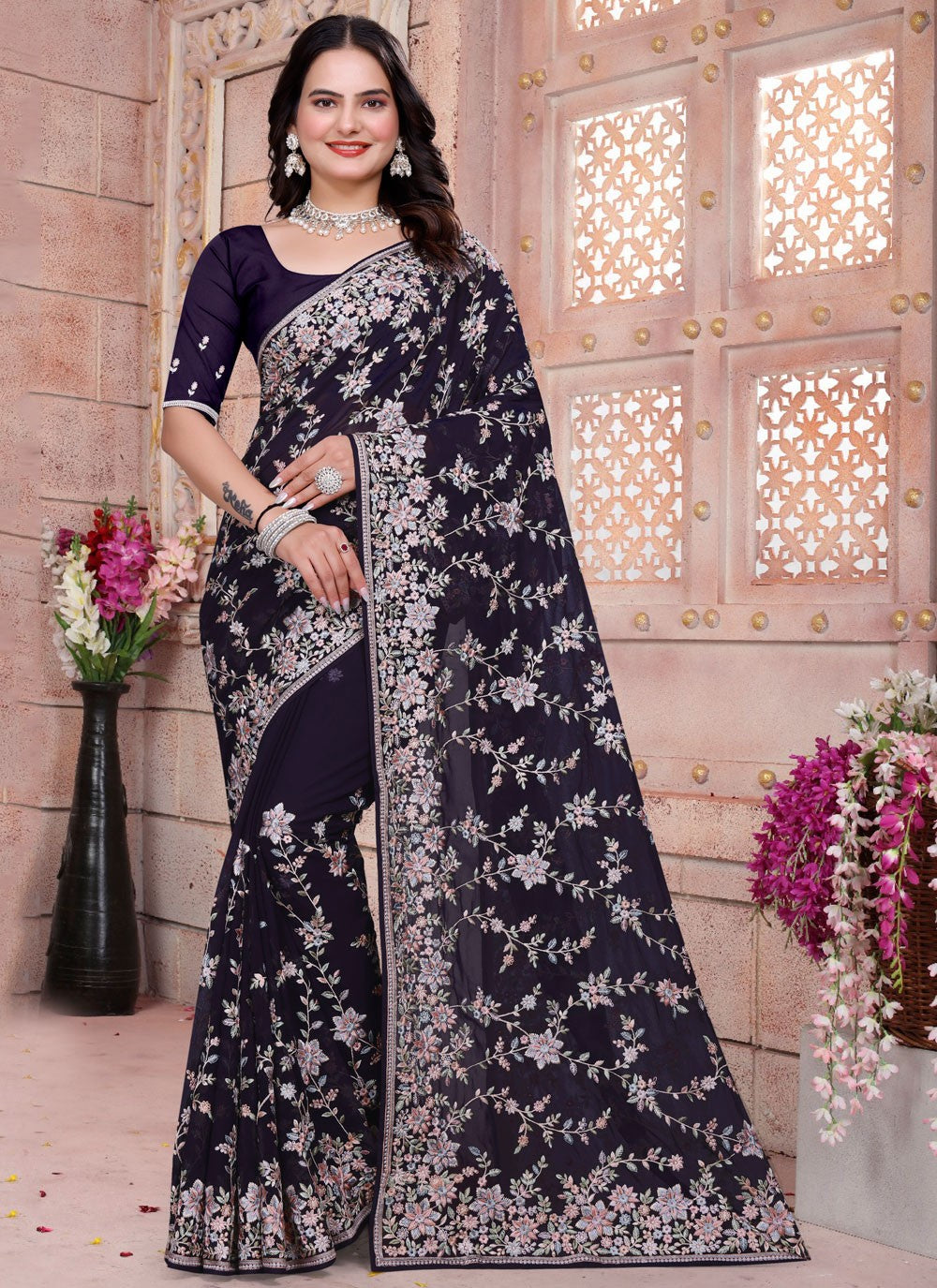 Embroidered Georgette Purple Saree S14833