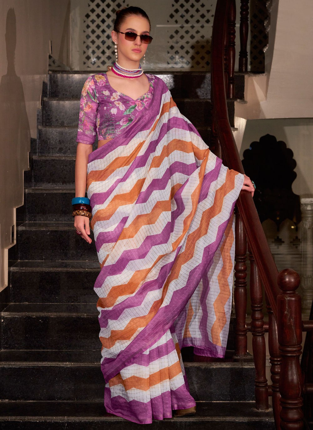 Strips Cotton Silk Purple Saree S14778