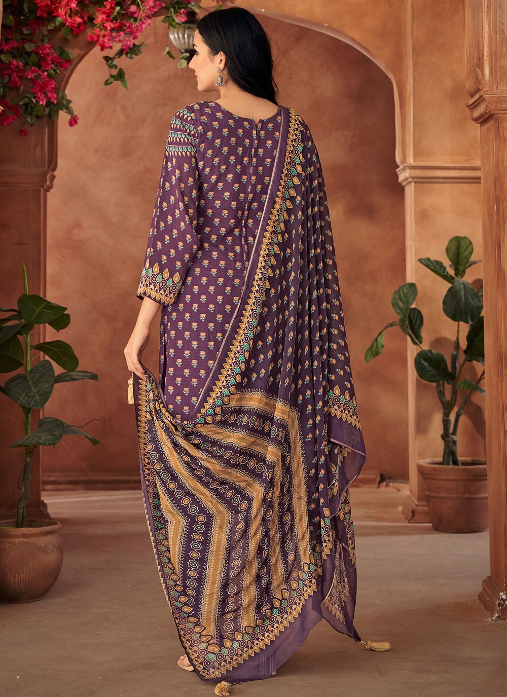 Digital Print Muslin Purple Pant Style Suit T6373