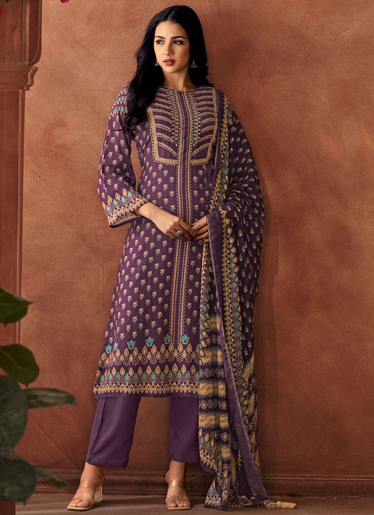 Digital Print Muslin Purple Pant Style Suit T6373