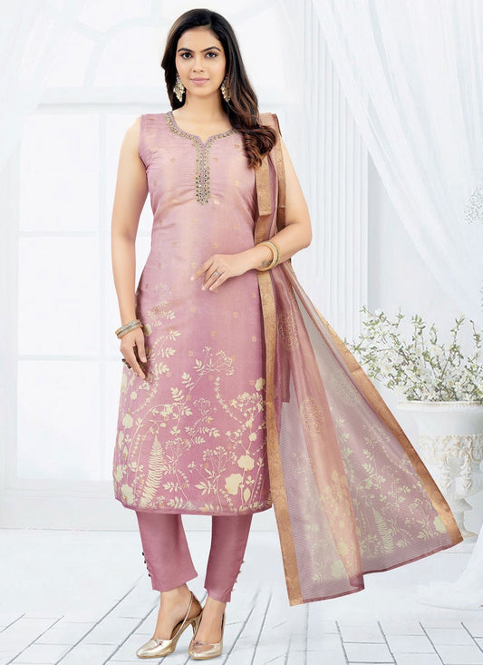 Pant Style Suit Embroidered, Jacquard Work, Zari Purple T7426