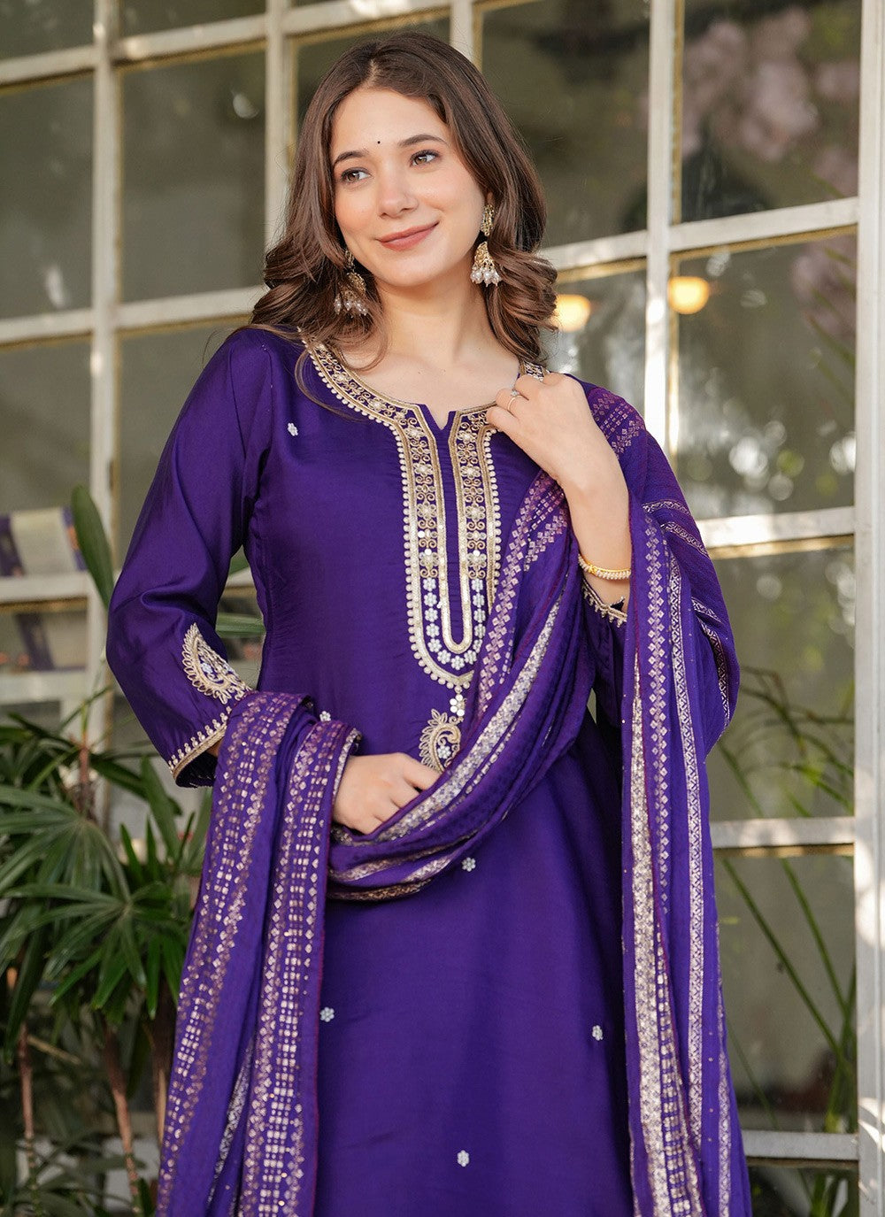 Embroidered Chanderi Purple Salwar Suit T6085