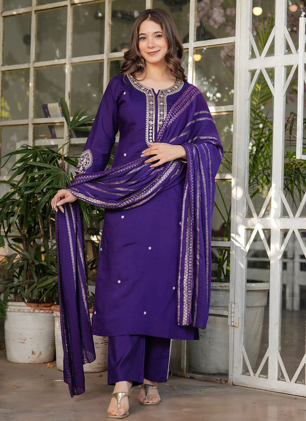 Embroidered Chanderi Purple Salwar Suit T6085