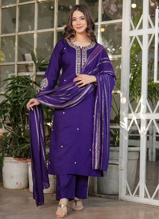 Embroidered Chanderi Purple Salwar Suit T6085