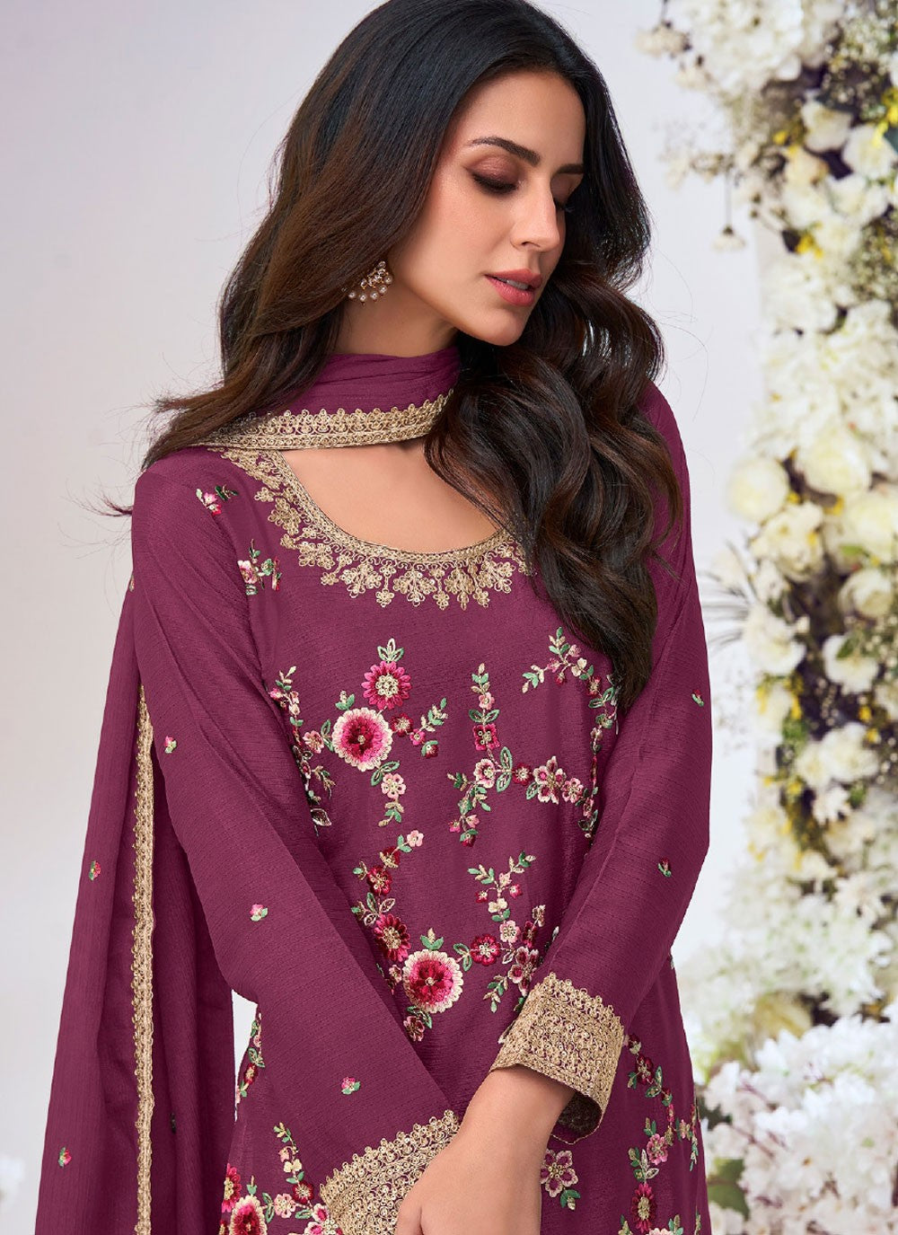 Palazzo Suit Embroidered, Zari Purple T8064
