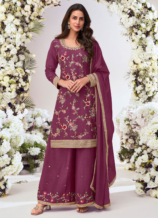 Palazzo Suit Embroidered, Zari Purple T8064