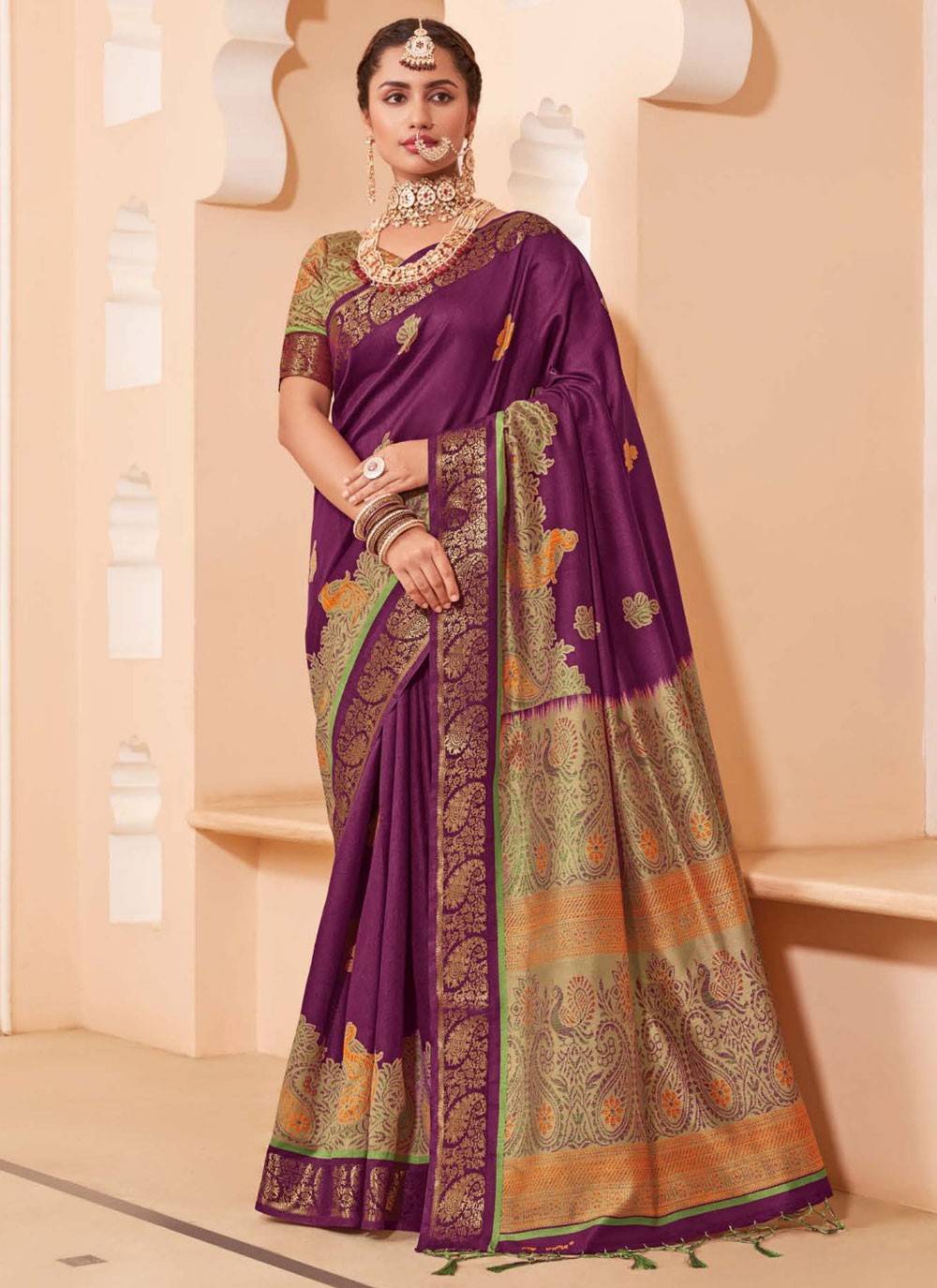 Classic Saree Paisley Printed Purple Silk S12801