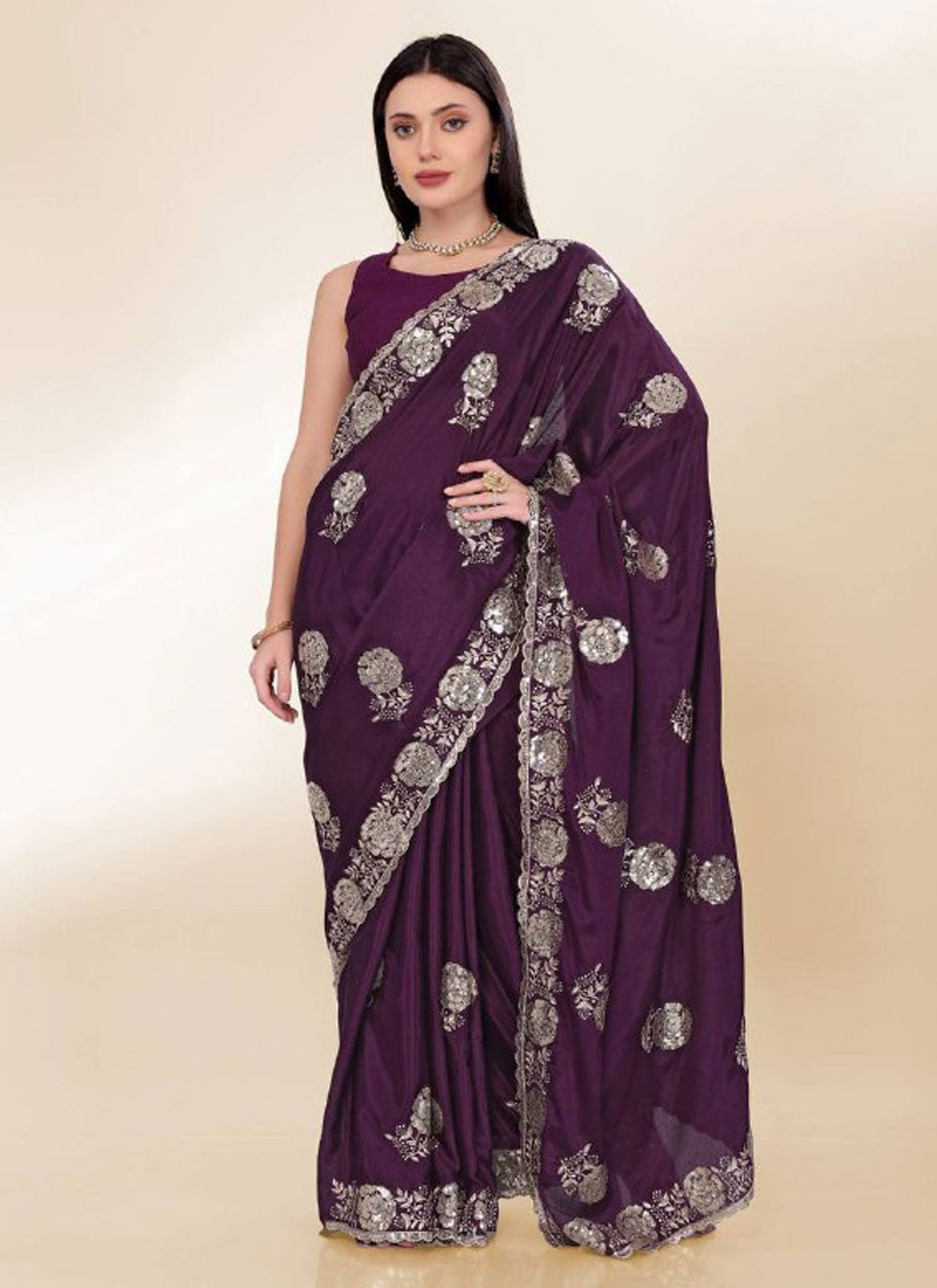 Embroidered Chinon Purple Saree S14045