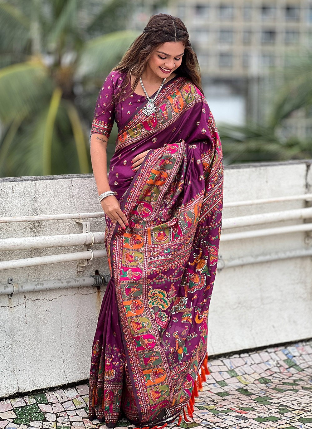 Contemporary Kashmiri Pashmina, Silk Saree - S8739