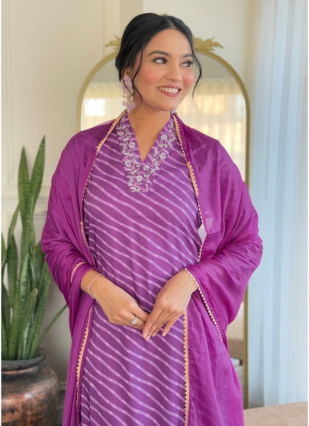 Embroidered Muslin Purple Pant Style Suit T6032