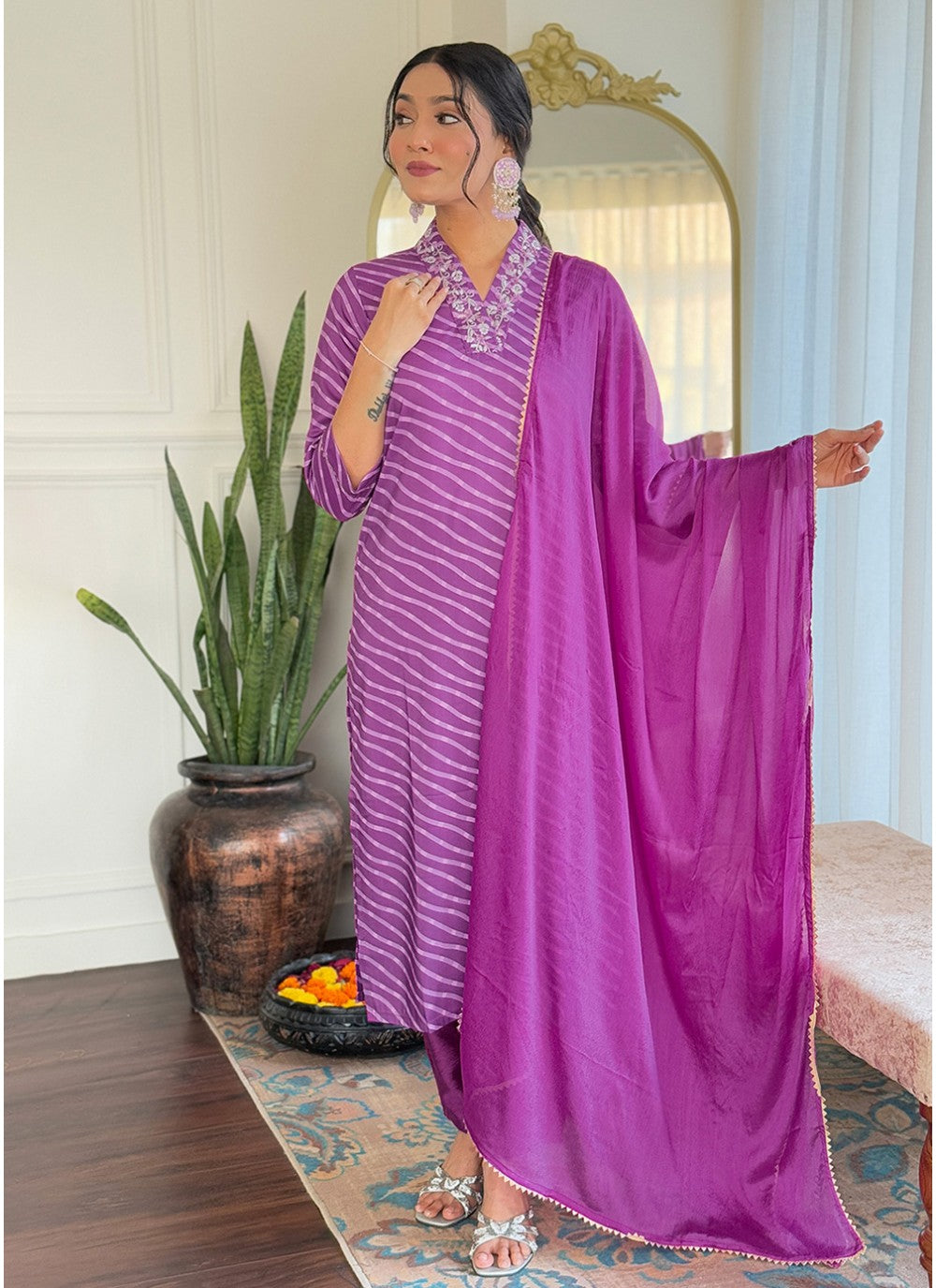 Embroidered Muslin Purple Pant Style Suit T6032