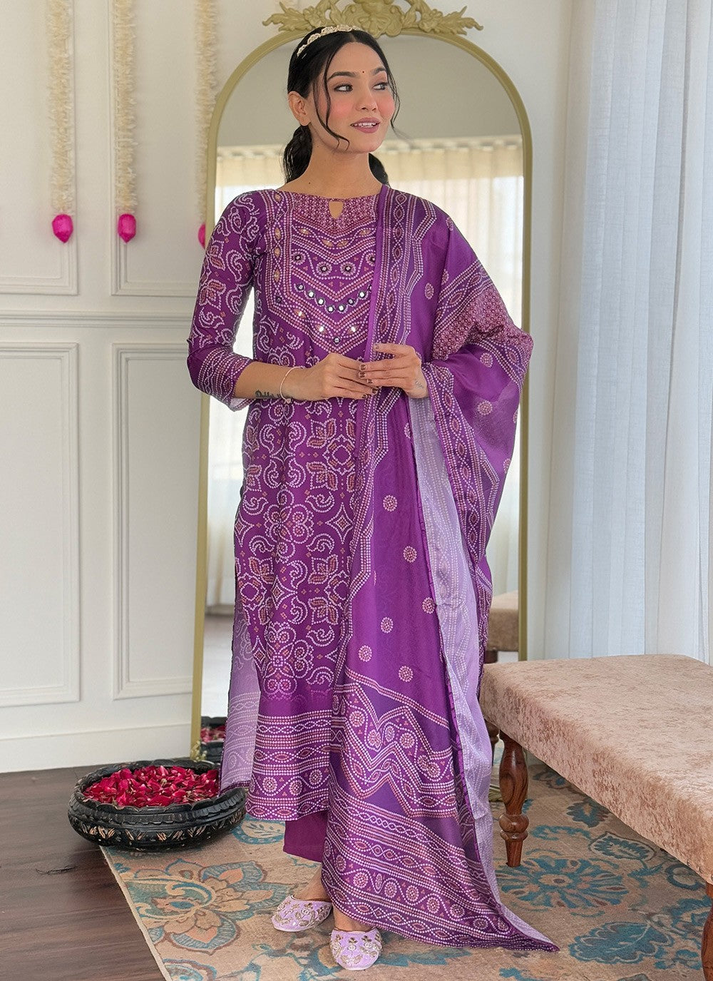 Hand Embroidery Pure Crepe Purple Salwar Suit T6104
