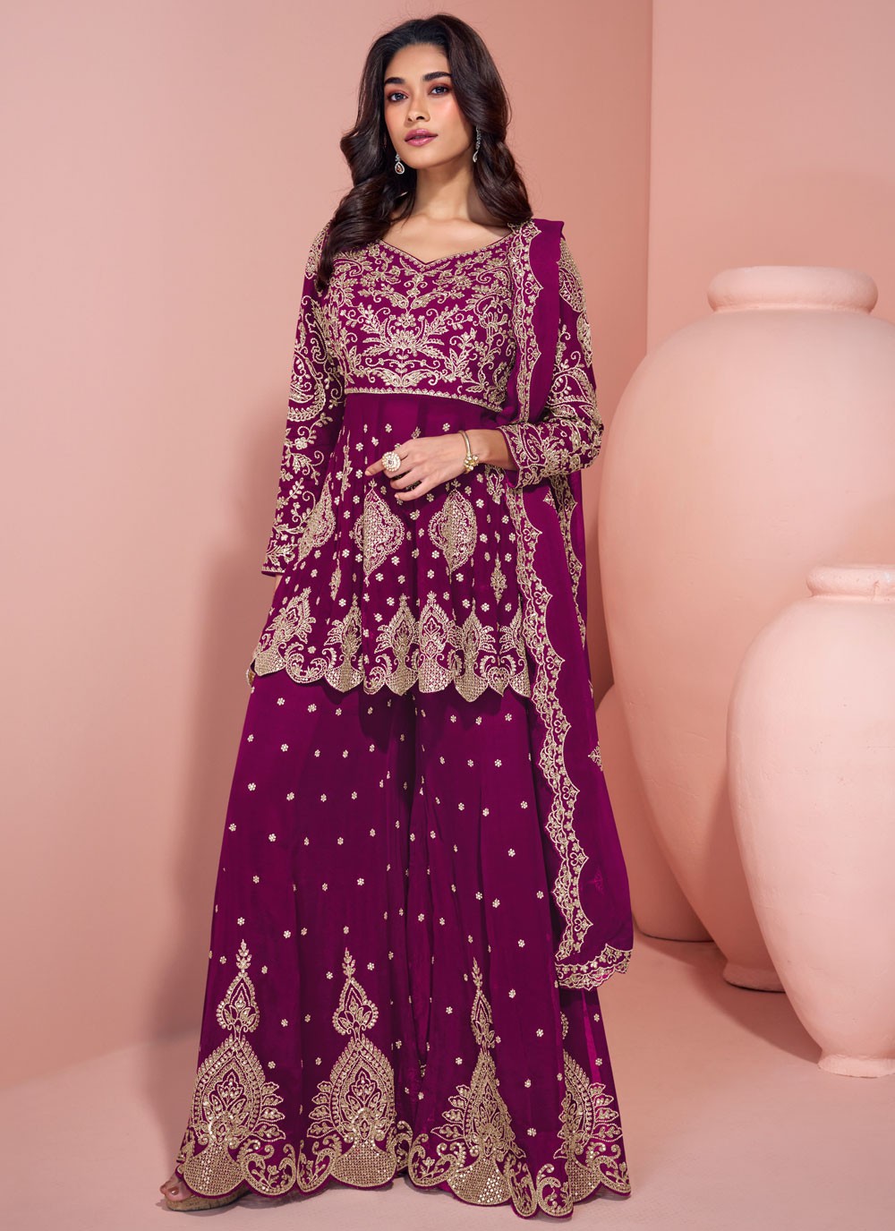 Sharara Suit Embroidered Purple Pure Georgette T5907