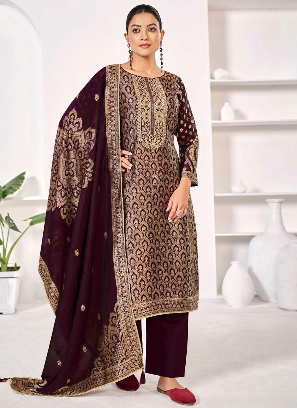 Pant Style Suit Jacquard Work Purple T6693