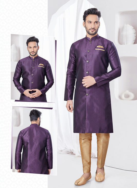 Plain Jacquard Purple Indo Western - M7690