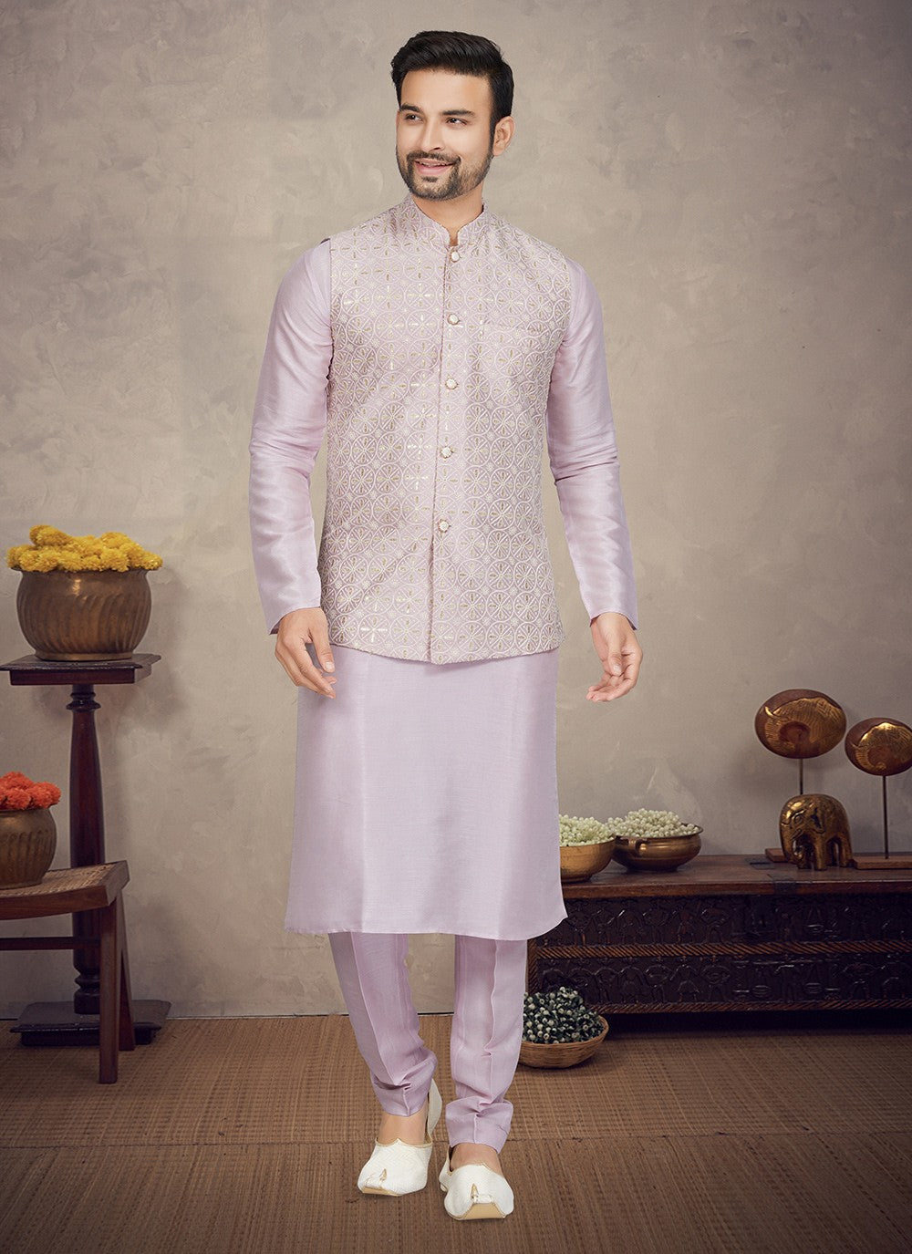 Resham Thread Work Tussar Silk Purple Kurta Payjama With Jacket - M5971
