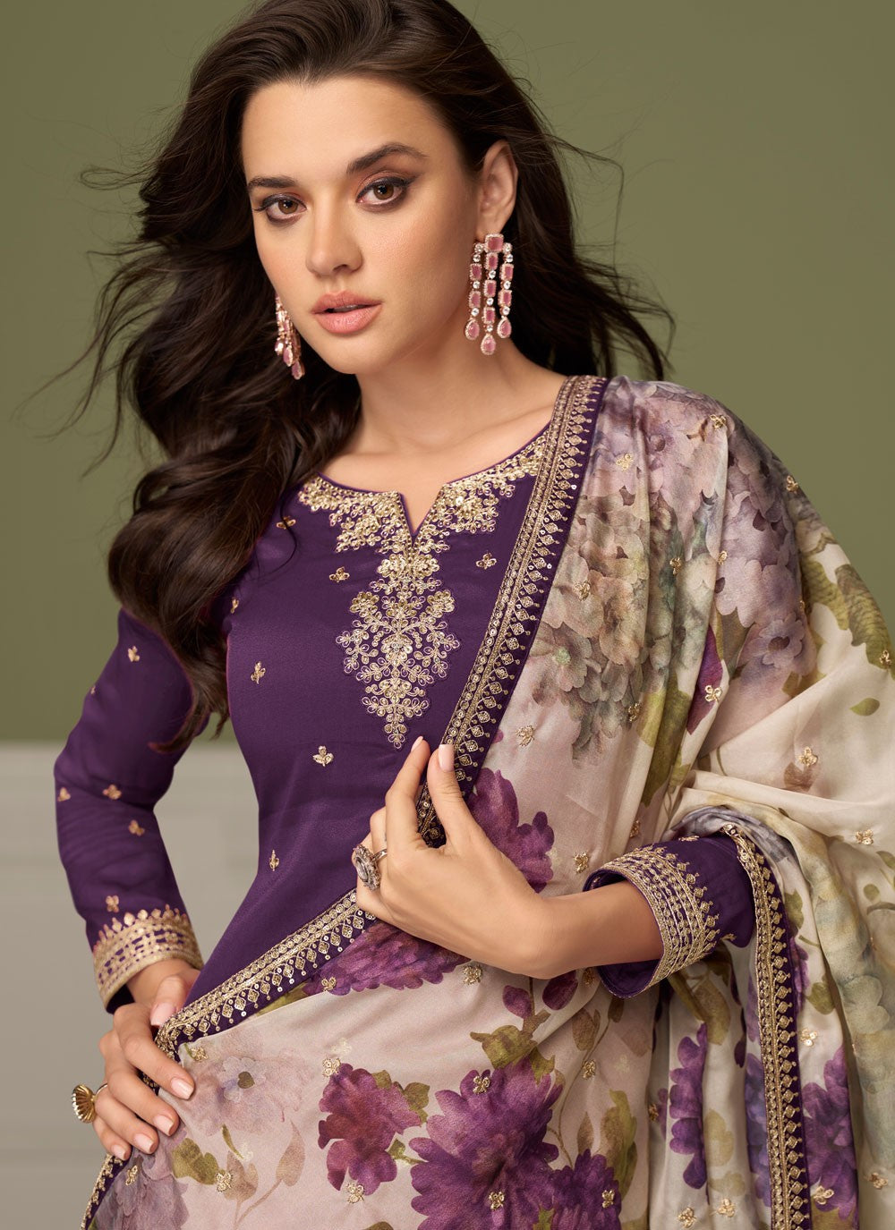 Palazzo Suit Embroidered Purple T8547