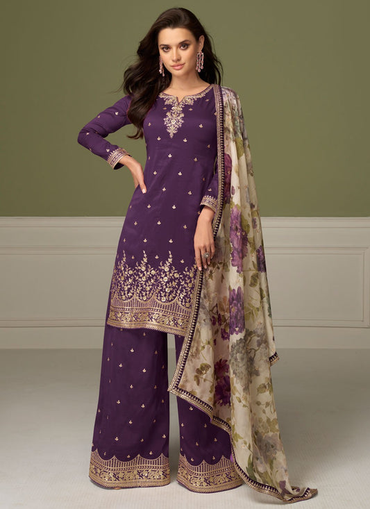 Palazzo Suit Embroidered Purple T8547