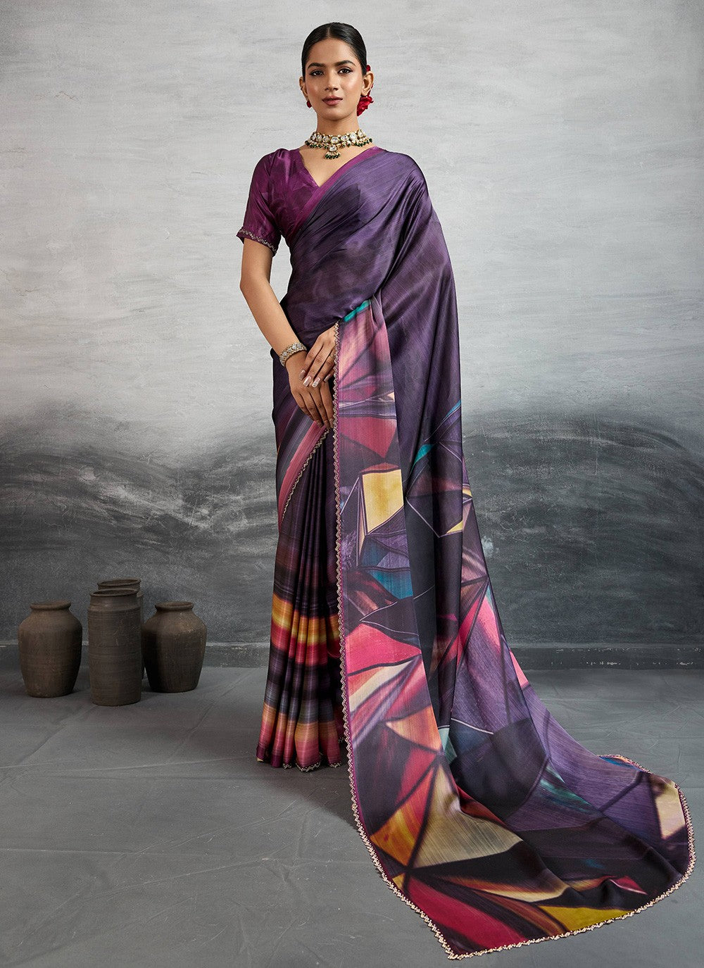 Purple Satin Silk Contemporary Saree Digital Print S18247
