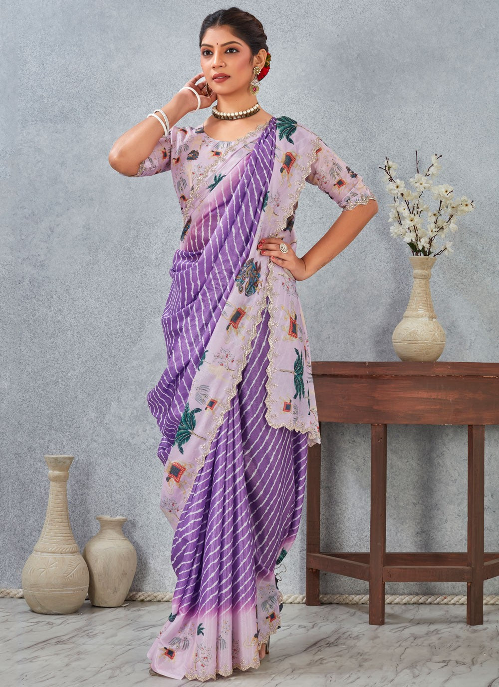 Purple Satin Silk Contemporary Saree Digital Print S20211