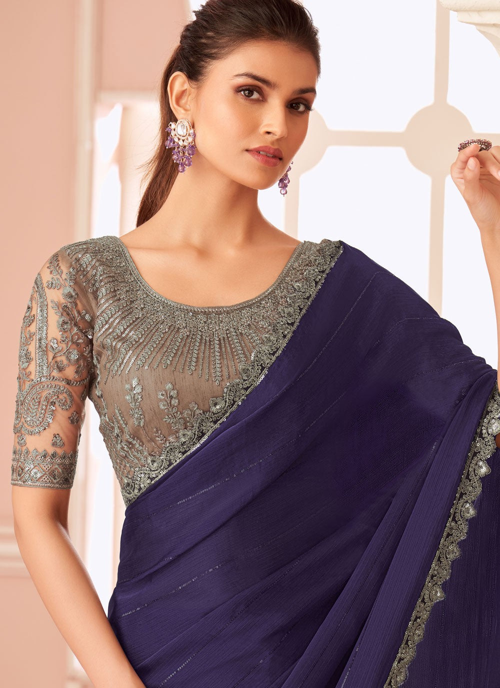 Traditional Sequins Purple Satin Saree S13646
