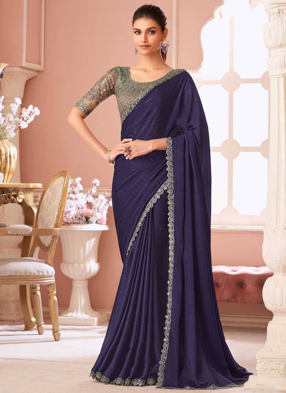 Traditional Sequins Purple Satin Saree S13646